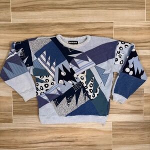Vtg Marienbad Patchwork Sweater L Geometric Knit Patrick Groenendaal USA 90s